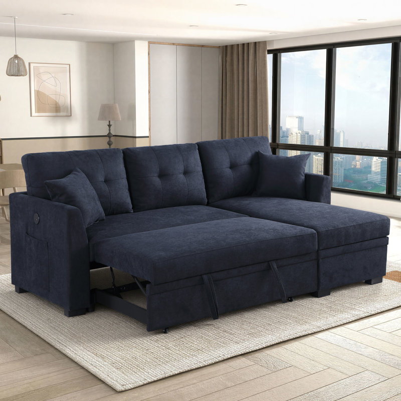 82" Velvet Sleeper Sectional Sofa with Storage Chaise, Convertible Sleeper Sofa Bed,  Pull Out Couch with USB Port, Side Pockets