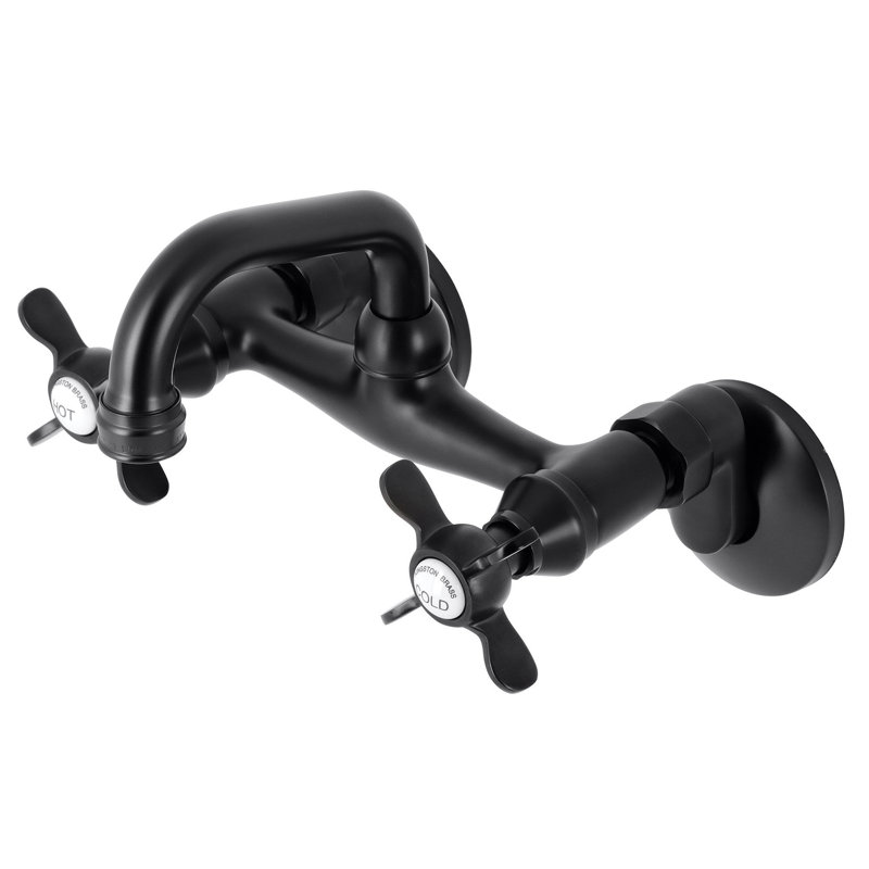 Kingston Brass Kingston Two-Handle 2-Hole Wall Mount Bar Faucet, Cross Handle, Matte Black