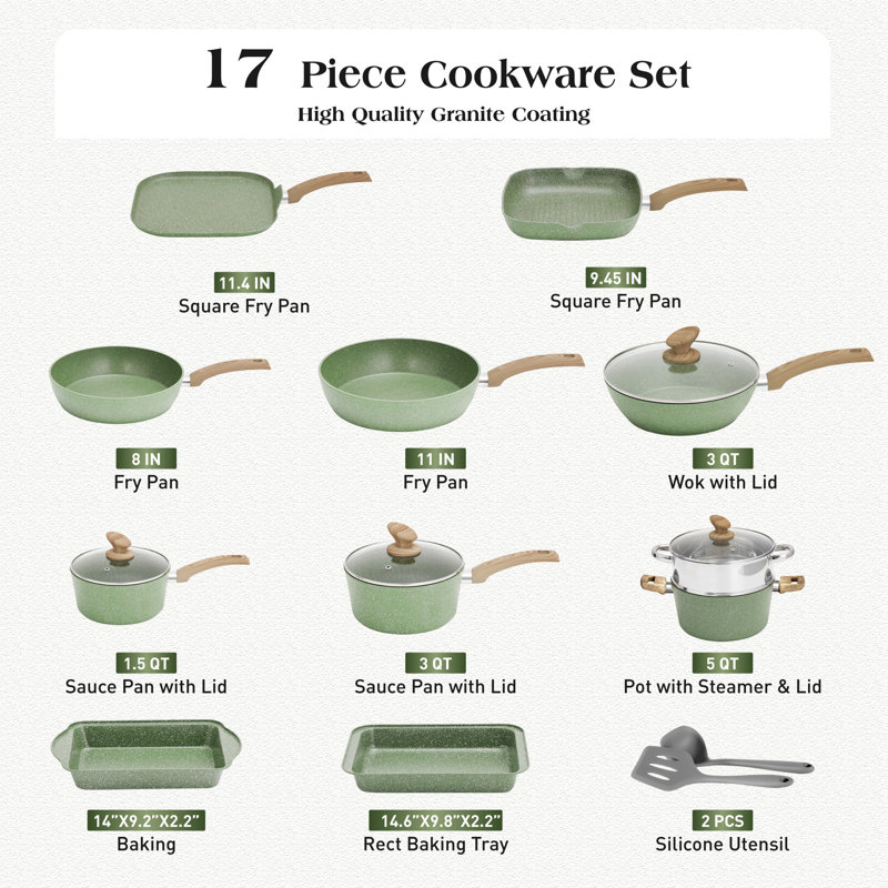 17 - Piece Non-Stick Aluminum Cookware Set, Green/Natural