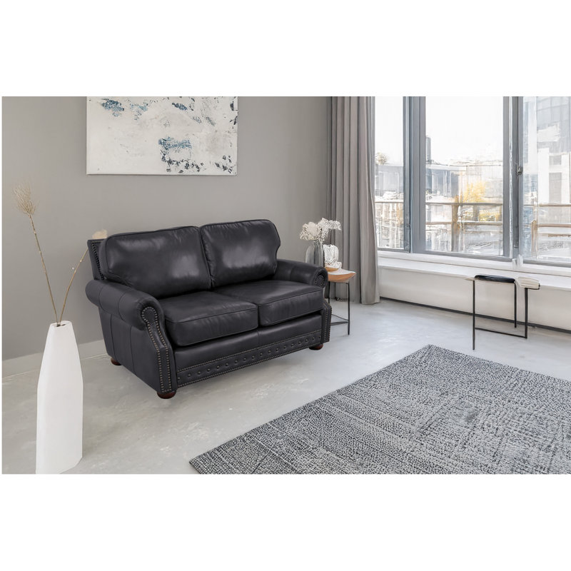 Speroni 74" Genuine Leather Rolled Arm Loveseat, Burnham Black Genuine Leather