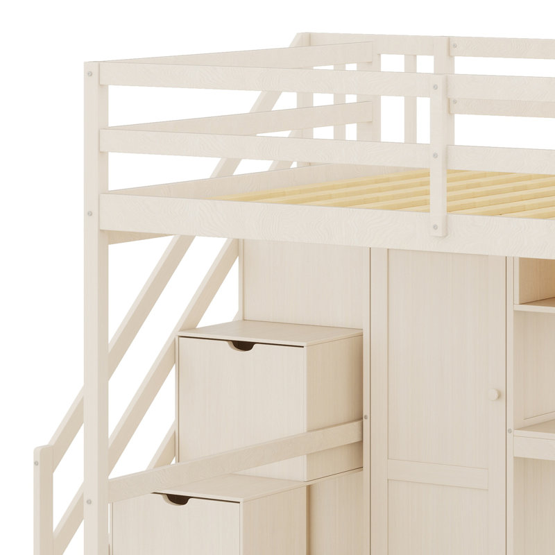 Structure de lit mezzanine avec garde-robe intégrée, bureau d'étude, tablettes de rangement, Beige
