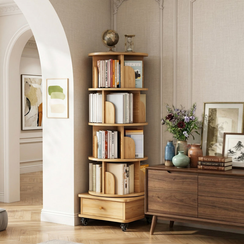 5-Tier Rotating Bookshelf Wood Color - 360° Display with Wheels & Drawer, Space-Saving Storage for Home Office, Tan