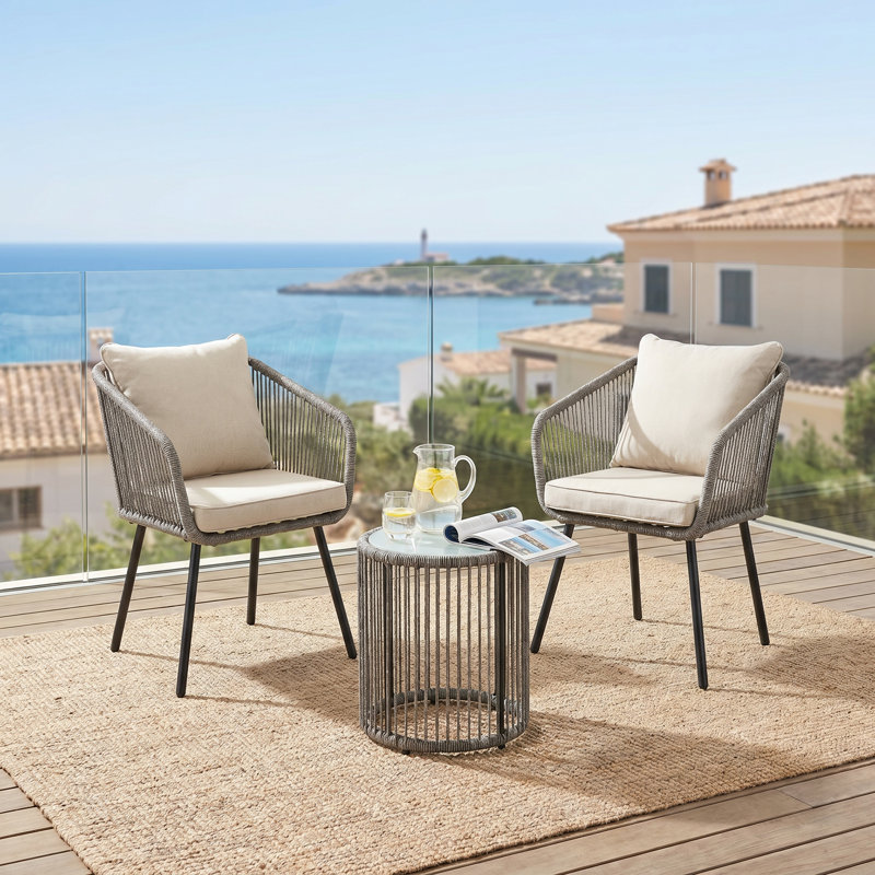3-Piece Cream Outdoor Patio Bistro Set, Hand-Woven Rattan Wicker Conversation Set with Cushioned Chairs and Glass Top Table for Balcony, Garden, Deck