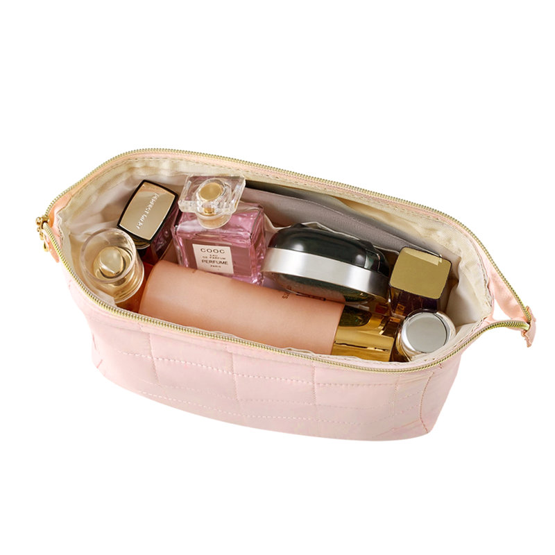 Quilted Polyester Wadding；Nylon Zipper Makeup Organiser, Pink