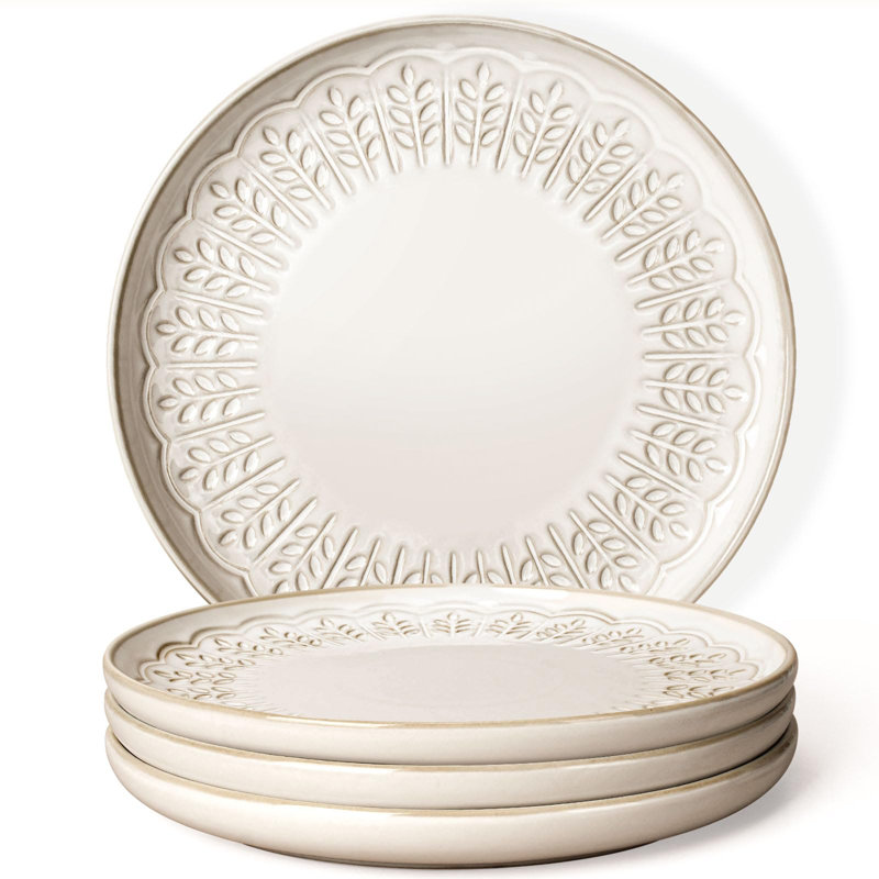 Grandes assiettes en céramique, assiettes à salade en relief de 10,75 po avec rebords à lèvres, allant au micro-ondes et au lave-vaisselle, ensemble de 4 (feuille de blé)