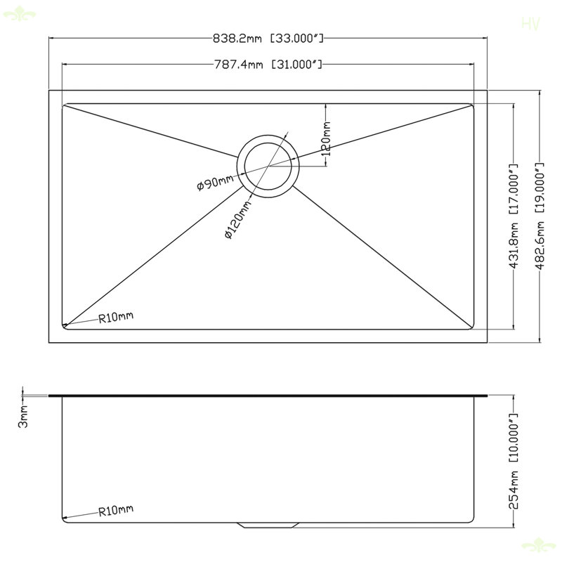 Évier de cuisine encastré 33 "x 19" x 10 "avec cuve simple de calibre 16 avec ensemble de bonde