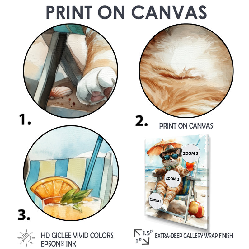 Chat sur la plage, détente I - décoration murale animaux côtiers, H 20 po x l 12 po x P 1 po, Toile tendue