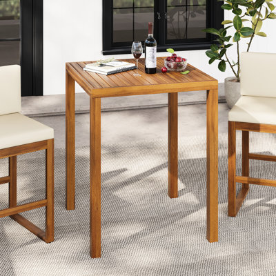 Table de bar d'extérieur en bois avec une silhouette rectangulaire, surface en lattes, 39,5 pouces de hauteur, - coloré, 31,5 profondeur et largeur de produit, poids de 28,74 lb, style lisse, pieds fuselés, lavage complémentaire,