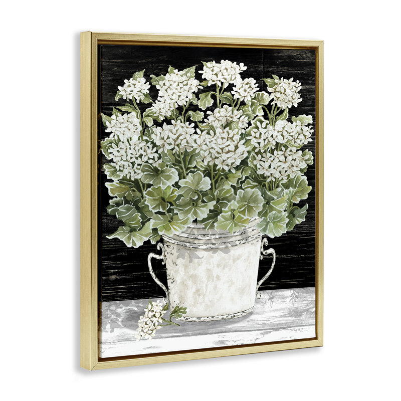 «Country Vase Baby's Breath» par Cindy Jacobs, Cadre flottant métallique doré, H 31 po x l 25 po