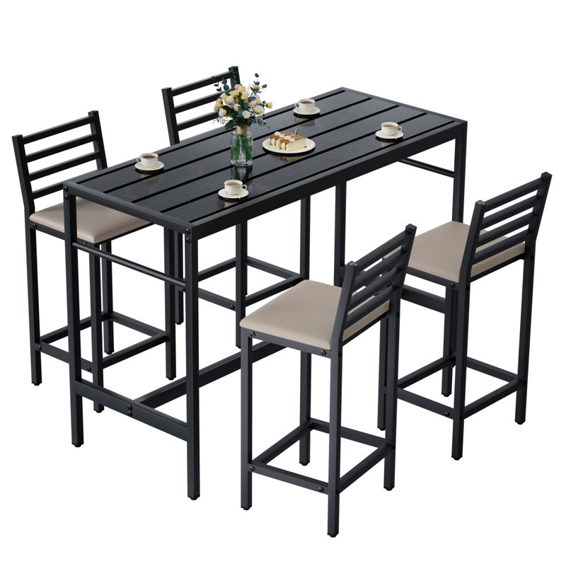 Ensemble de bar extérieur 5 pièces, table rectangulaire à hauteur de comptoir de 50 po et 4 tabourets en métal rembourrés de 41 po, table de bar et chaises pour le bord de la piscine, le balcon et la cour
