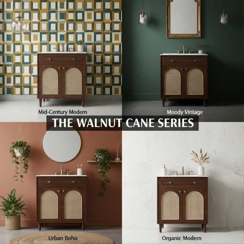 30" Freestanding Vanity Cabinet With Tip-Out Tray, Solid Wood & Rattan Storage Unit With Ceramic Top (Walnut / White), Walnut