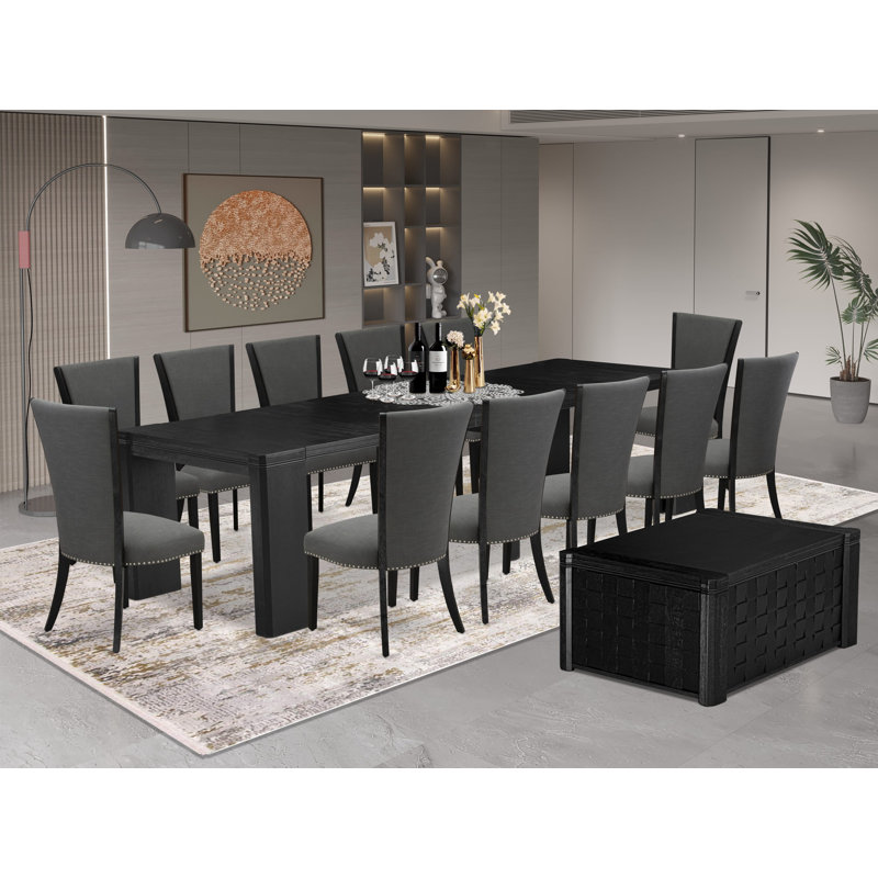 Ensemble de salle à manger 14 pièces, table de salle à manger rectangulaire avec table basse et 12 chaises de cuisine en tissu Gotham gris foncé, noir brossé