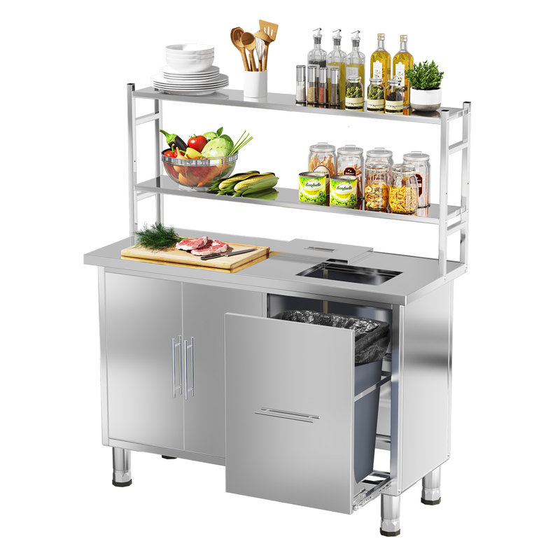 Table de préparation commerciale en acier inoxydable 48 po x 20 po avec armoire à poubelle intégrée et tablettes réglables