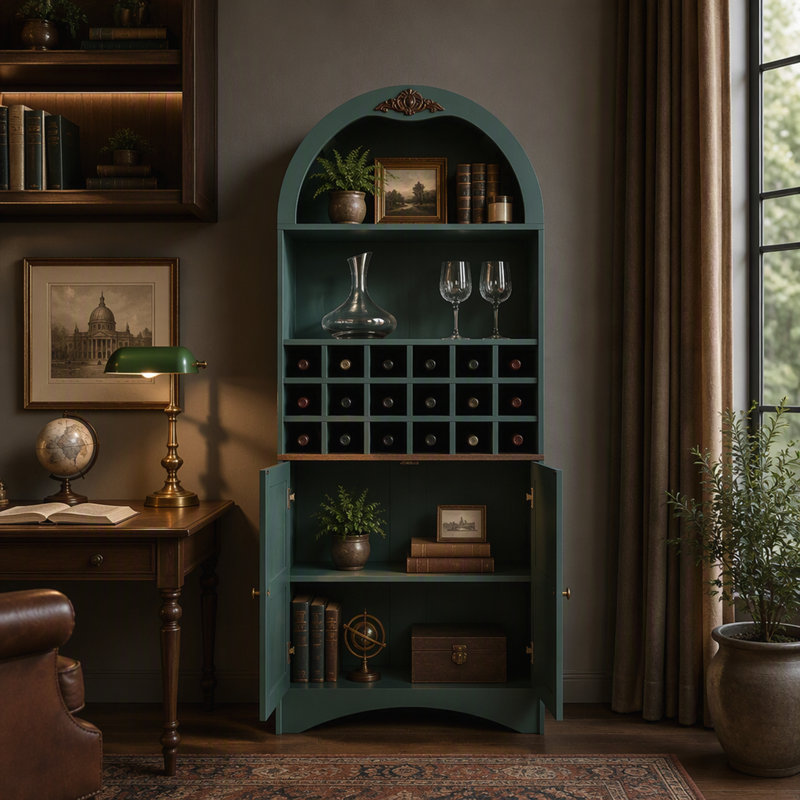 Meuble à vin arqué en bois avec casier à vin amovible, meuble-bar de rangement en MDF anti-rayures avec étagères réglables