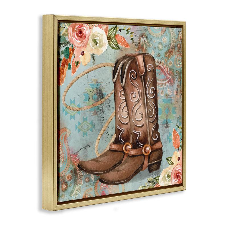 Bottes de cowboy à motif floral cachemire, Cadre flottant métallique doré, H 25 po x l 25 po