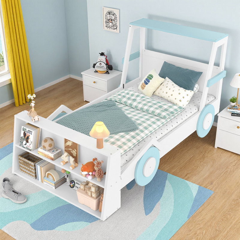 Lit voiture de course simple AVELOR Whimsical avec tablettes de rangement intégrées | Lit plateforme pour enfants pour le jeu et l'organisation imaginatifs