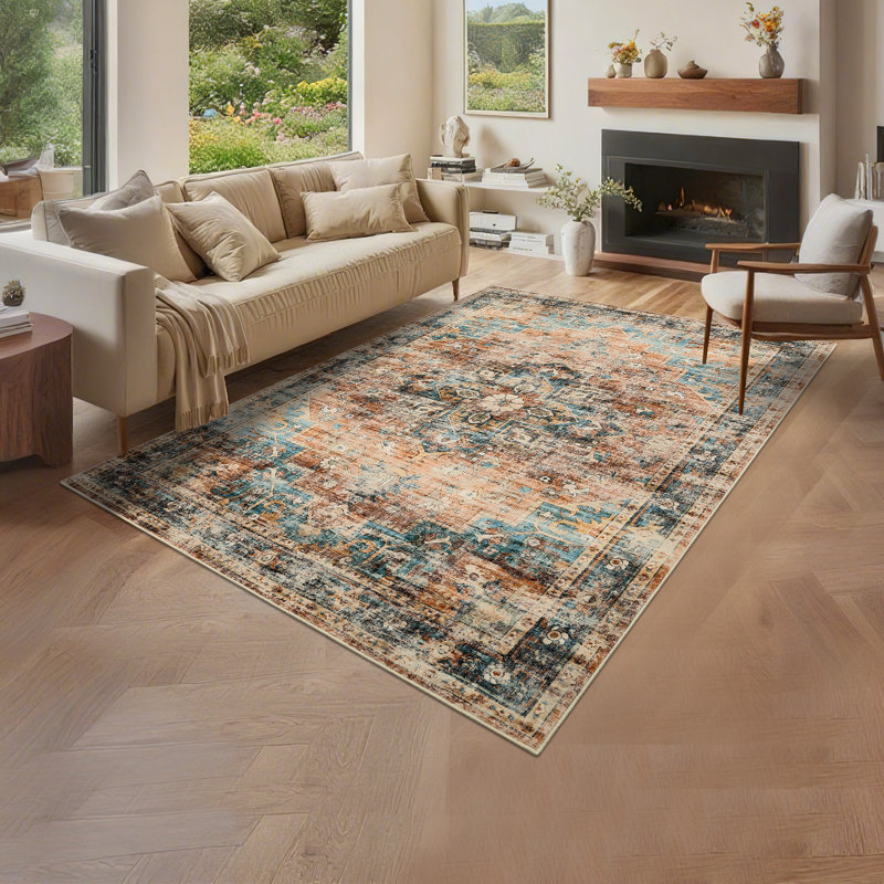 Machine Washable Area Rug Soft Rugs for Living Room Vintage Rug for Bedroom Dining Room Non-Slip Stain Resistant Under Table Rugs