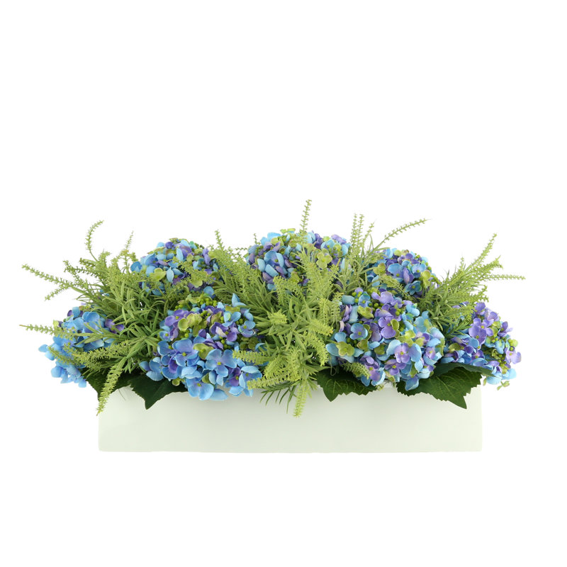 Polysilk Hydrangea Arrangement in Planter, Blue, Lavender, Green