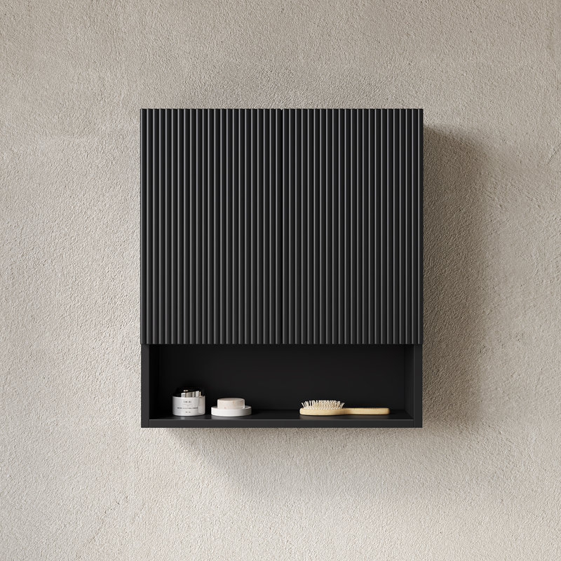 26" Wall-Mounted Striped Bathroom Cabinet, With Doors, Shelf And Open Storage Compartment Over The Toilet Storage Cabinet For Bathroom, Kitchen, Laundry Room, Black Color