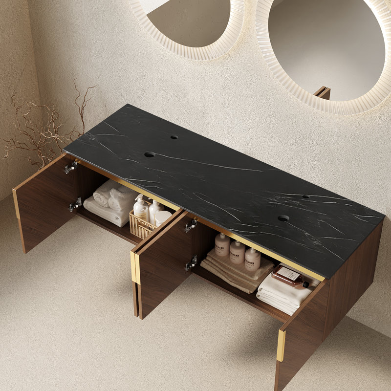 Pierre frittée noire 60 po avec comptoir à motif de pierres et armoire en chêne brun 60 po Arai