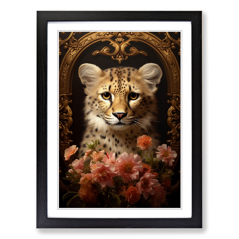 Cheetah Baroque No.3 - Single Picture Frame Print on Wood, 46cm H x 34cm W x 2cm D, Black Framed