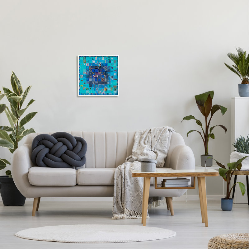 Collage géométrique bleu encadré sur bois, H 17 po x l 17 po x P 1,5 po, Giclée encadrée blanc bord de mer