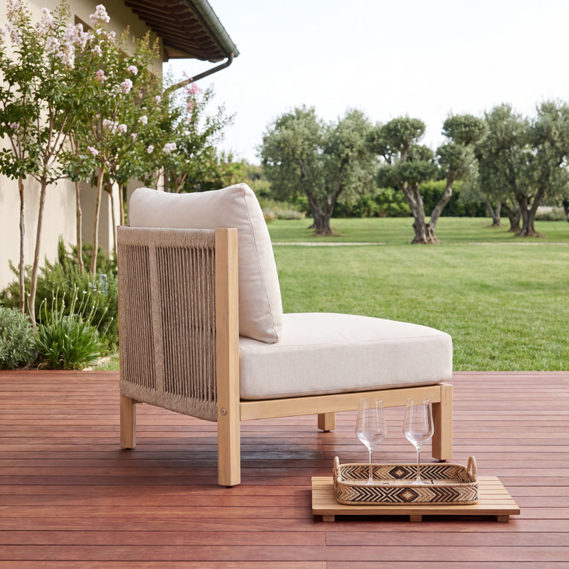 Ventura Modern Coastal Acacia Wood Outdoor Club Chair with Rope-Woven Back and Deep Seat Cushions, 1