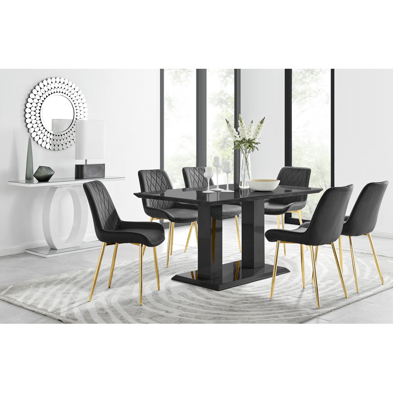 Eubanks High Gloss Double Pillar Dining Table Set with 6 Luxury Velvet Upholstered Dining Chairs, Black, Blue/Silver