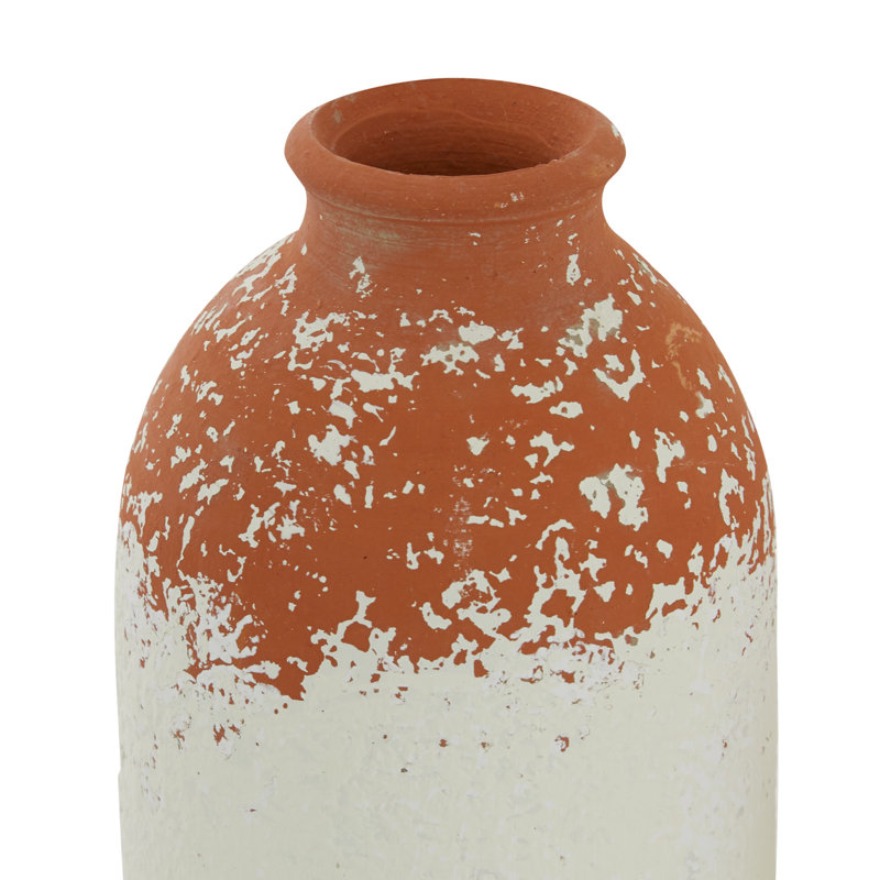 Set of 2 White and Terracotta Ceramic Bottle-Shaped Vases