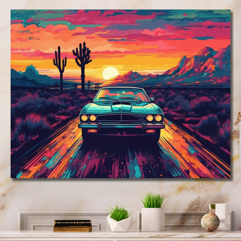 Estinville, voiture classique rétro verte et jaune II - impression, H 16 po x l 32 po x P 1 po, Toile tendue
