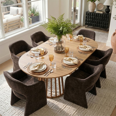 6- Person Dining Table Sets With Extendabe Oval Table & 6 Upholstered Chenile Diining Chairs