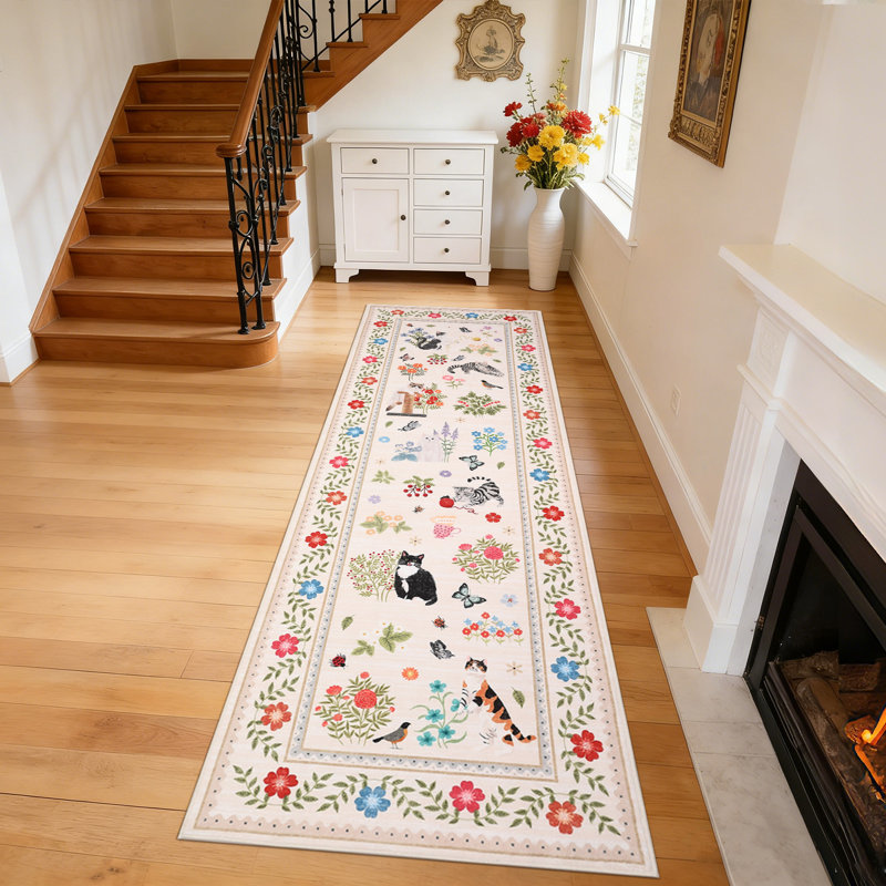 Floral Bordered 2×6 Non Slip Soft Runner Rugs for Hallway Entryway Kitchen Floor Modern Animal Cat Washable Soft Indoor Carpet