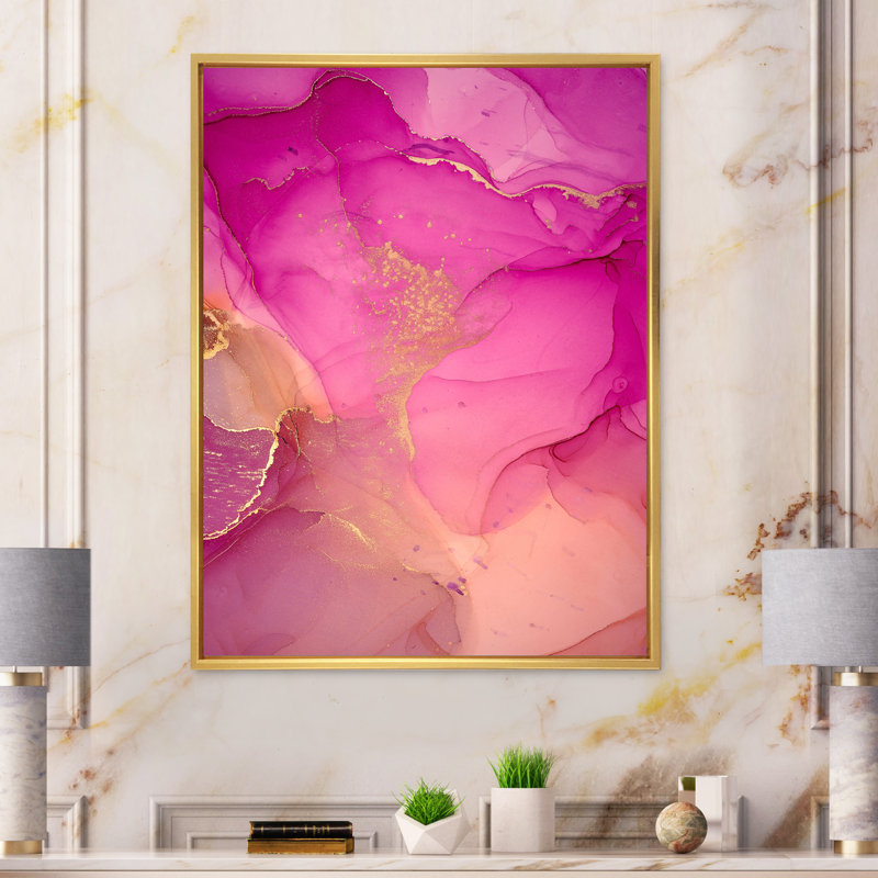 «Pink and Gold Ink Clouds», peinture sur toile, H 32 po x l 16 po x P 1 po, Cadre flottant doré