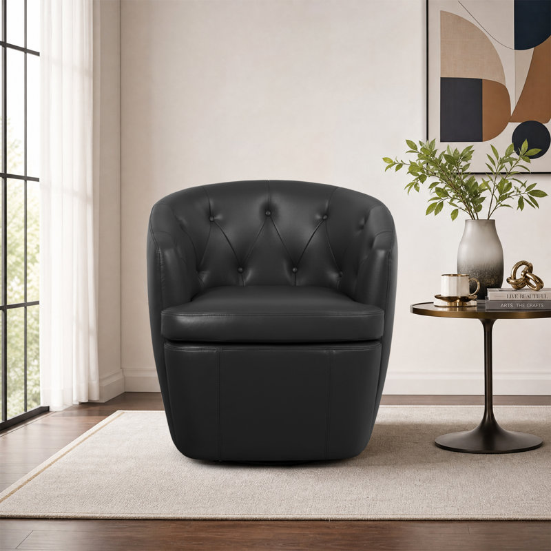 Classic Tuffted Vegan Faux Leather Swivel Barrel Chair No Assembly Required, Black