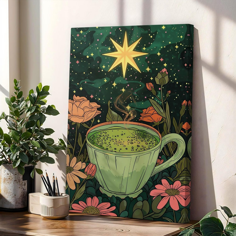 Art mural sur toile en forme de tasse de thé vert étoilé 18 x 12 pouces