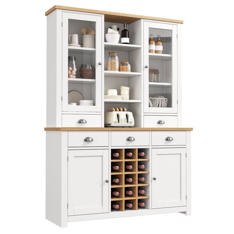 185cm White Kitchen Pantry Cabinet with Glass Doors, 5 Drawers, 16-Bottle Wine Rack & Adjustable Shelves for Home Storage