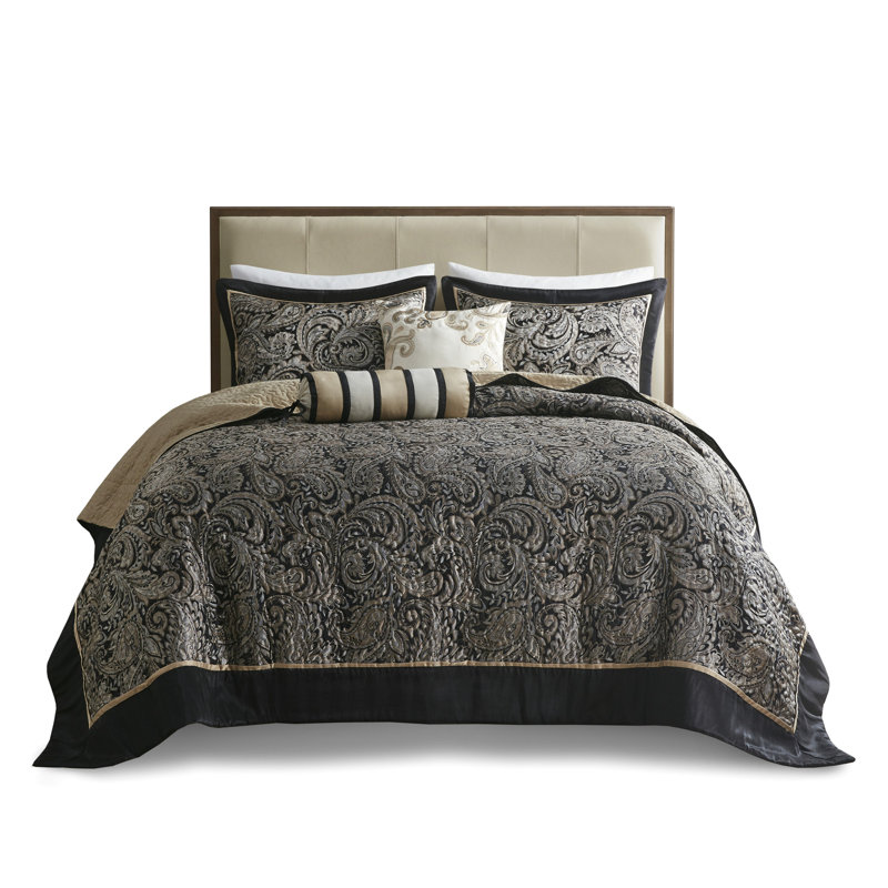 Couvre-lit 5 pièces en noir profond pour très grand lit avec tissage et bourre en coton, Noir