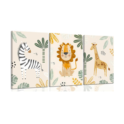 3Pcs Framed Safari Animals Canvas Wall Art Inspirational Animal Lion Giraffe Zebra Poster Print Jungle animal Painting Picture Wall Decor for Nursery Baby Children's Room Bedroom Home Decoration