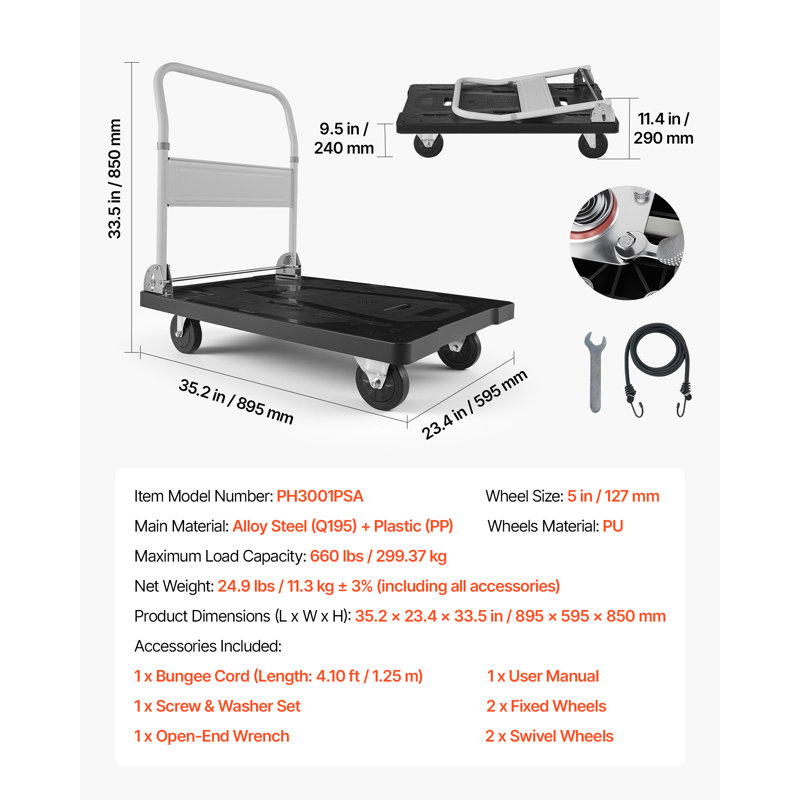 Chariot de manutention pliable, capacité de 300 kg, 89,4 x 59,4 x 85,1 cm, plateau pliable avec roues pivotantes, poignée de poussée compacte