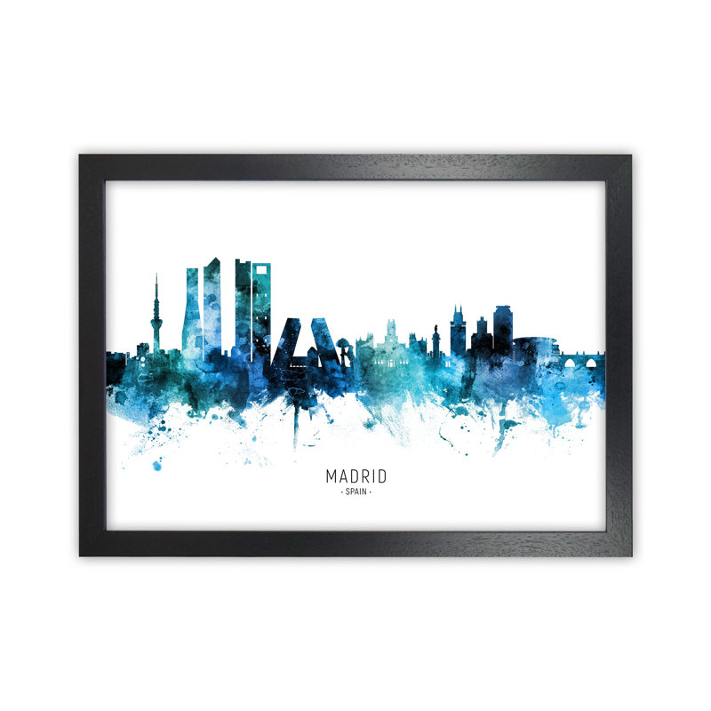 Madrid Spain Skyline Blue City Name by Michael Tompsett - 1 Piece Wall Art, 46cm H x 63cm W x 3cm D, Black Framed