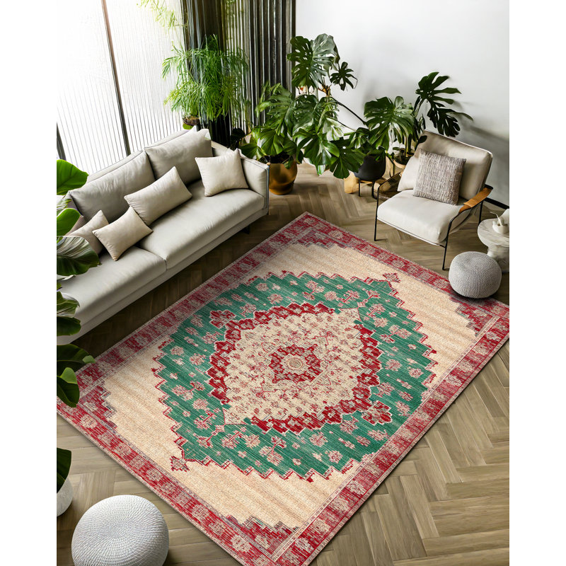 Otto Burgundy Green Beige Oriental Machine Printed Cotton Polyester Area Rug, Rectangle 6'7" x 11'6"