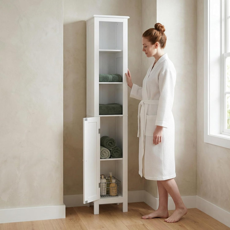 66.9" White Tall Bathroom Storage Cabinet, Slim Freestanding Narrow Linen Tower With 1 Door, Adjustable Shelves, Open Compartments, Anti-tip Design, Space Saving Organizer For Bathroom, Living Room, Kitchen, Small Spaces