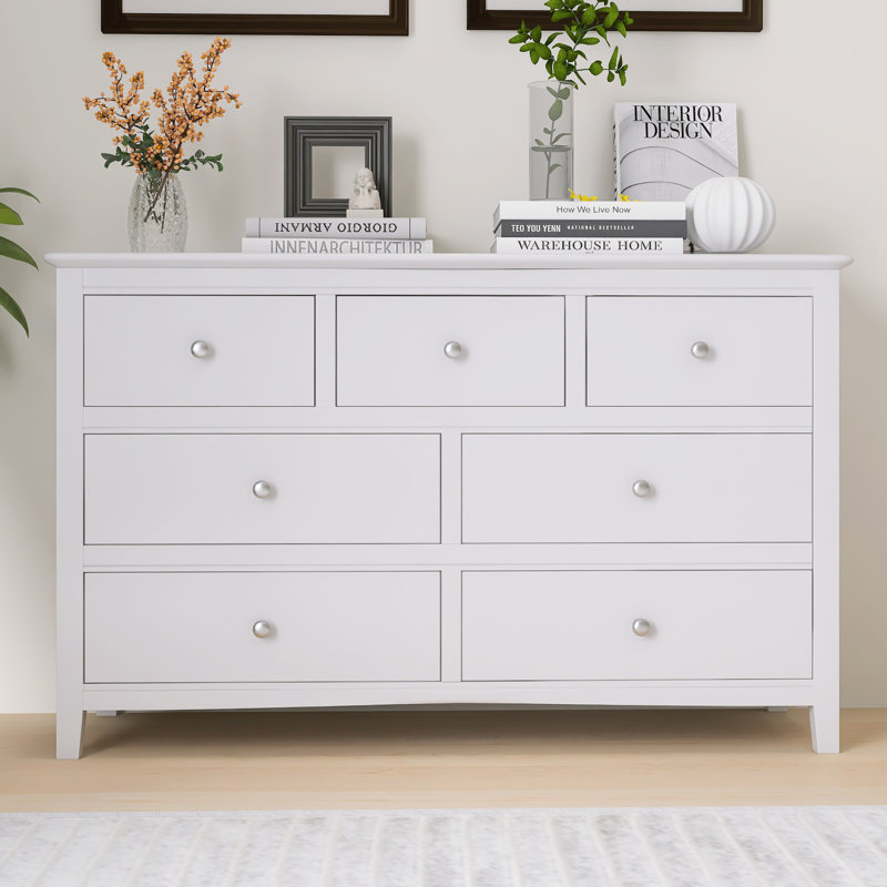 Commode double 7 tiroirs en bois massif blanc pour la chambre à coucher et le salon