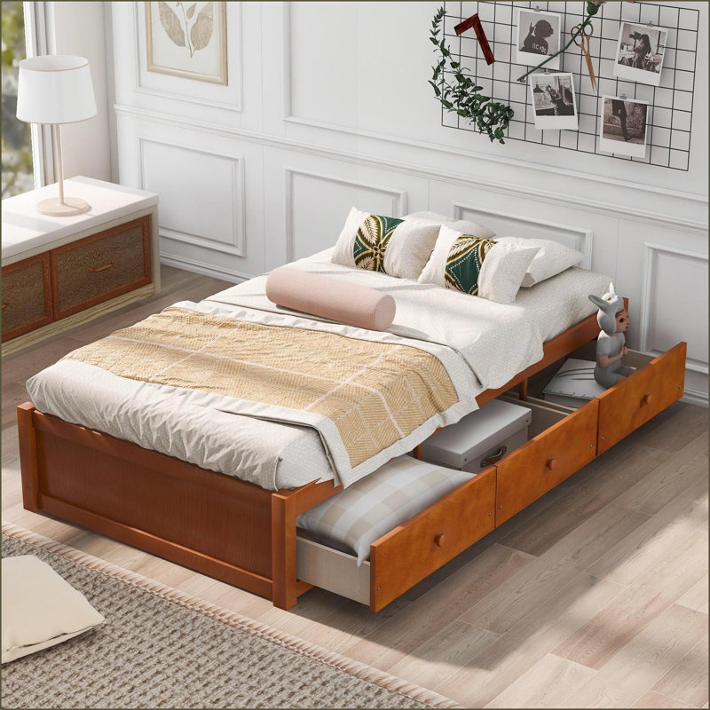Lit plateforme simple en bois de pin massif avec rangement à 3 tiroirs espresso pour petite / deuxième chambre