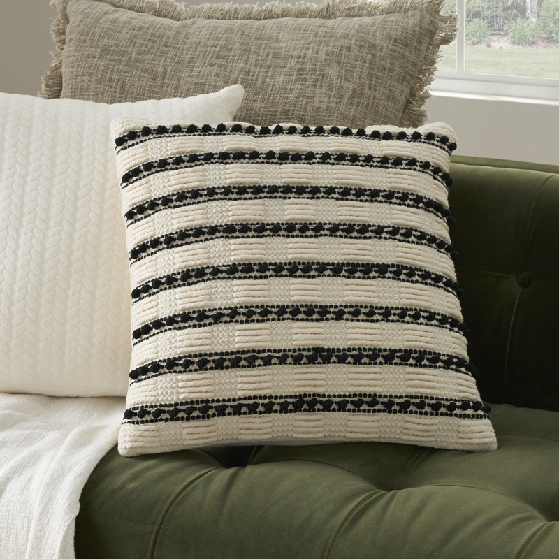 Handcrafted Black and Ivory Cotton Polyester Square Throw Pillow