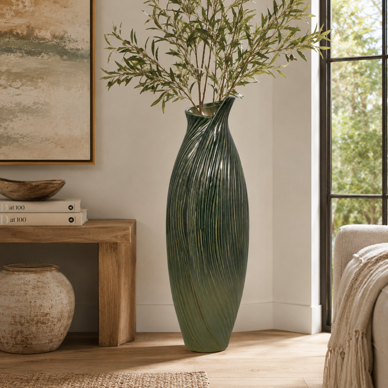 Modern Cylinder Ceramic Floor Vase for Living Room Decor - Tall Decorative Flower Accent for Home Entryway or Corner Styling - Green