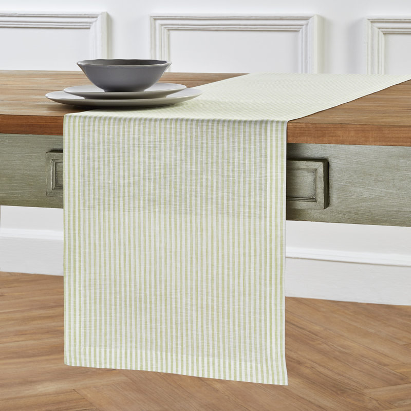 Sage and White Striped Linen Table Runner 60 inches
