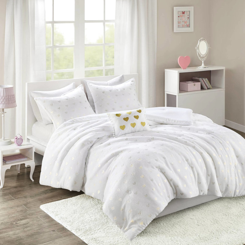 Édredon 4 pièces à imprimé métallique, blanc / or, envers en microfibre, rembourrage, preuve - blanc / or doux avec imprimé, livré dans un emballage compressé