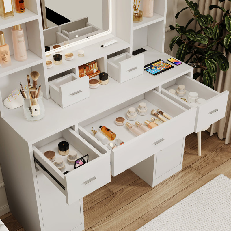 Meuble-lavabo blanc avec miroir à DEL et look élégant: 5 tiroirs, 2 armoires, réglables, prise de courant pour table à langer avec surface lisse - Armoires