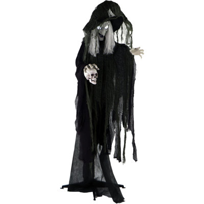 Haunted Hill Farm Life-Size Scary Talking Witch Holding Skull, Halloween Animatronic